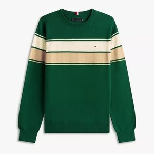 Tommy Hilfiger Men's Crewneck Sweater in Green with Cream and Tan Stripes